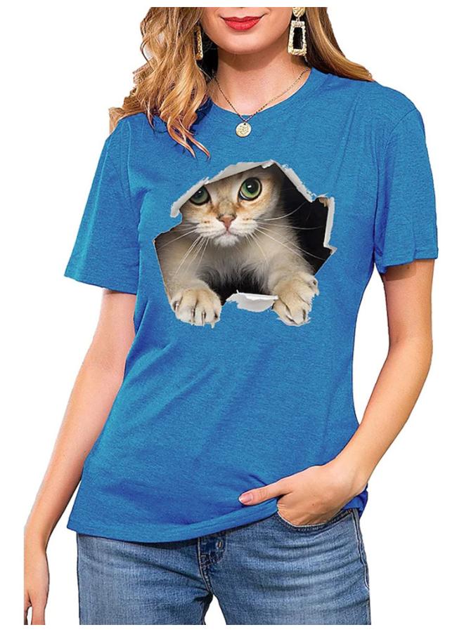 Independent Station European And American Women's New Spring And Summer Cat Pattern Pullover Loose Short-sleeved T-shirt Top
