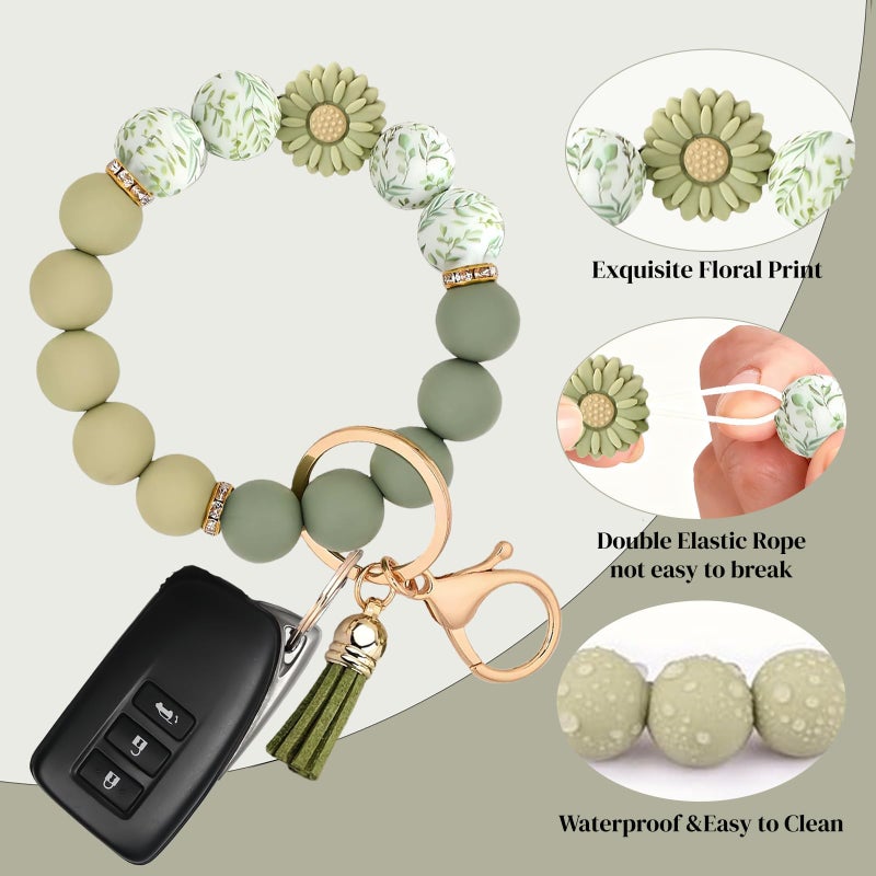 Qubusm 2PCS Bracelet Key Ring Set, Cute Car Key chain Wristlet, Silicone Beaded Bangle keyChains for Women Girls (Light Green) - Image 2