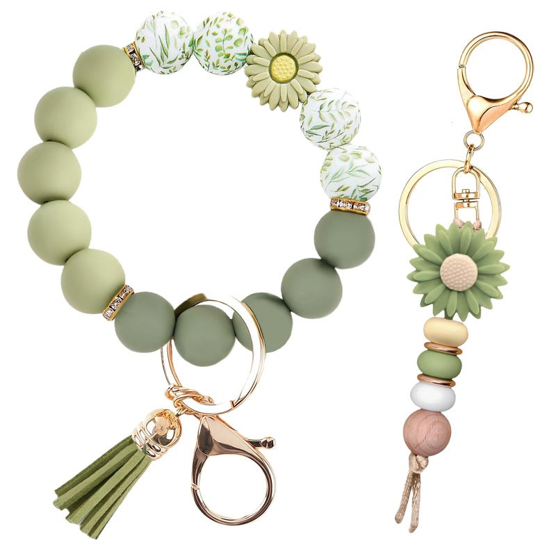 Qubusm 2PCS Bracelet Key Ring Set, Cute Car Key chain Wristlet, Silicone Beaded Bangle keyChains for Women Girls (Light Green) - Image 1