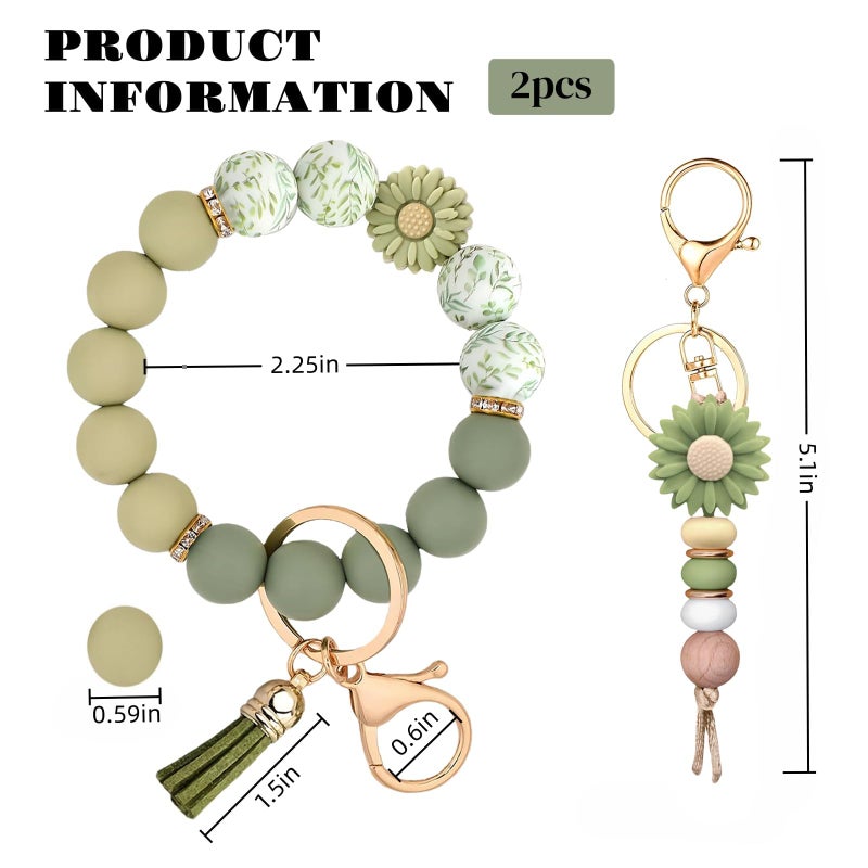 Qubusm 2PCS Bracelet Key Ring Set, Cute Car Key chain Wristlet, Silicone Beaded Bangle keyChains for Women Girls (Light Green) - Image 5