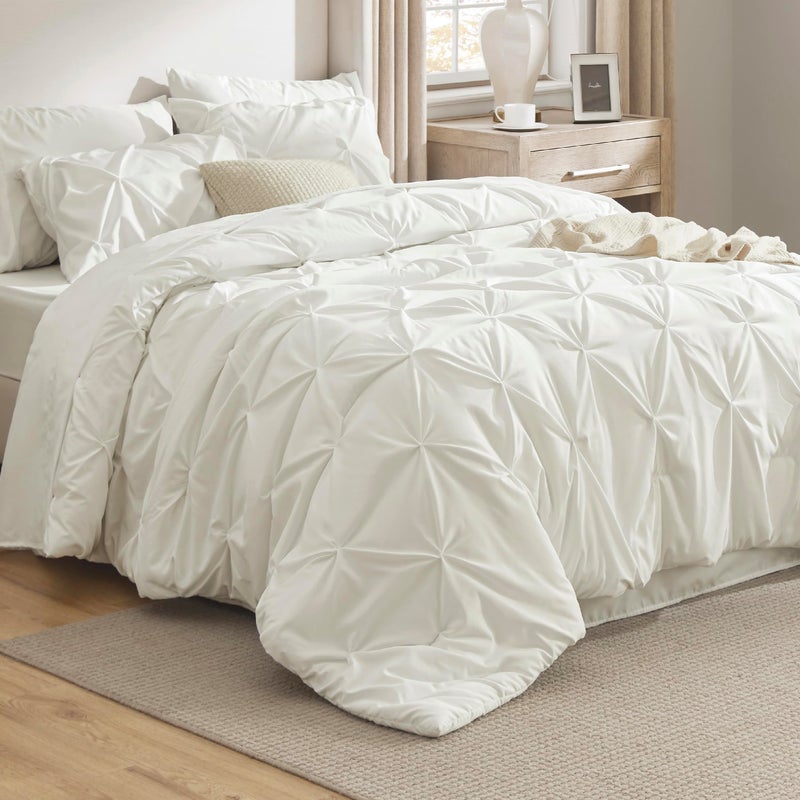 Bedsure Bedsure Twin Comforter Set Ivory  Bed in a Bag Twin Size 5 Pieces GentleSoft Pintuck Bed Set Gift for Family Pinch Pleat Ivory Comforter with Sheets Pillowcase  Sham 