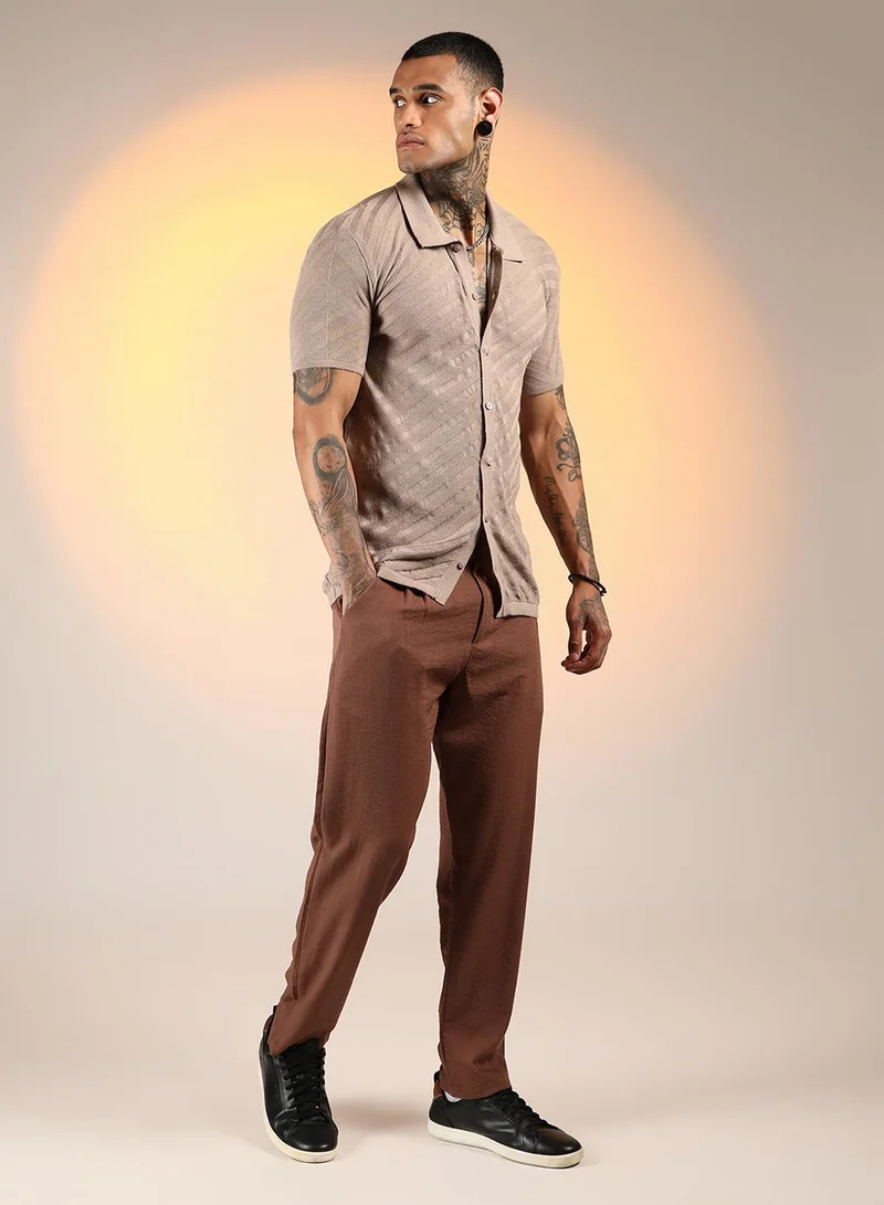 Campus Sutra Campus Sutra Men's Khaki Beige Tilted-Knit Shirt For Casual Wear | Polo Neck | Short Sleeve | Button Closure | Shirt Crafted With Comfort Fit For Everyday Wear