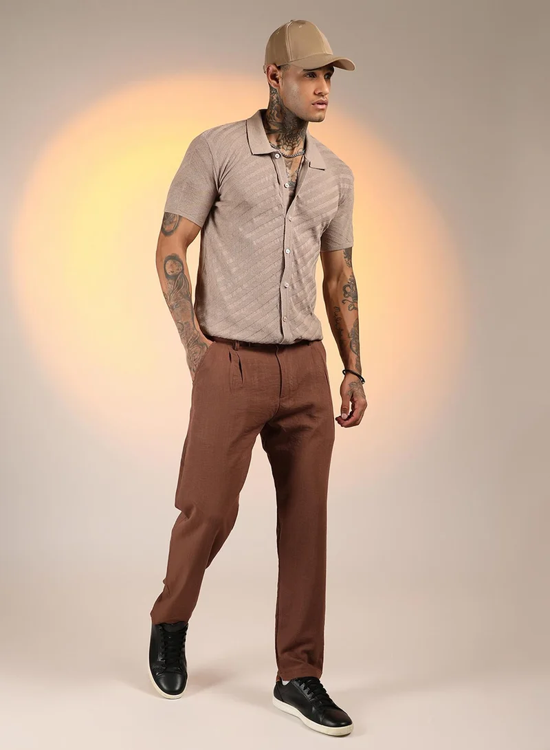 Campus Sutra Campus Sutra Men's Khaki Beige Tilted-Knit Shirt For Casual Wear | Polo Neck | Short Sleeve | Button Closure | Shirt Crafted With Comfort Fit For Everyday Wear