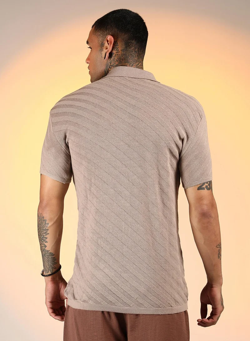Campus Sutra Campus Sutra Men's Khaki Beige Tilted-Knit Shirt For Casual Wear | Polo Neck | Short Sleeve | Button Closure | Shirt Crafted With Comfort Fit For Everyday Wear