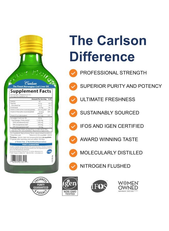 Carlson زيت كبد السمك، 1100 ملغ أوميغا-3، مكمل زيت السمك السائل، سمك القد النرويجي البري، مصدر مستدام من الدول الاسكندنافية، ليمون، 250 مل - Image 2