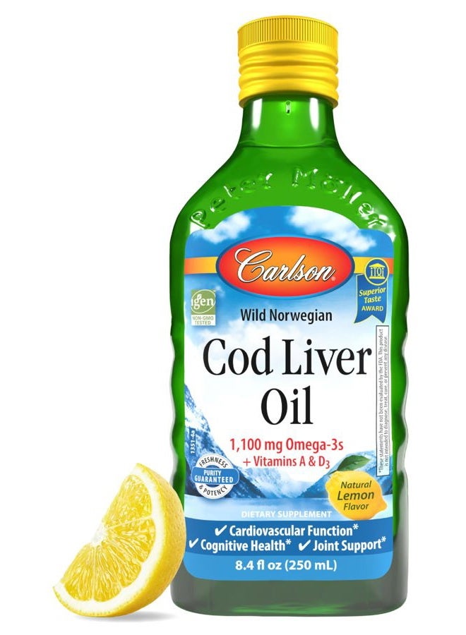 Carlson زيت كبد السمك، 1100 ملغ أوميغا-3، مكمل زيت السمك السائل، سمك القد النرويجي البري، مصدر مستدام من الدول الاسكندنافية، ليمون، 250 مل - Image 1