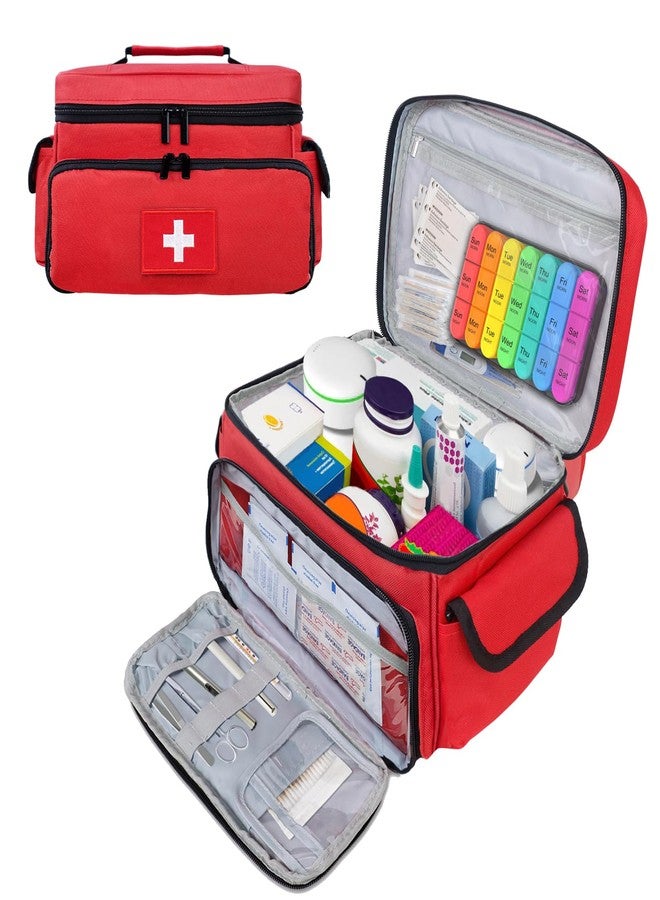 ALSLEA First Aid Bag Empty First Aid Kit Storage Box 12" x 9" x 7" Medical Bag Portable Pill Bottle Organizer Case for Car, Travel, Office, Outdoor, Camping, Hiking, School (Red) - Image 1