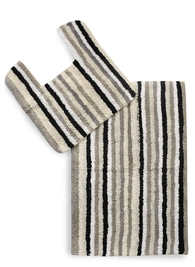 SASHAA WORLD Striped Anti-Skid Bathmat & Contour Set | Ultra Soft, Highly Absorbent, Ideal for Bathroom & Home Use, 2-Piece Set with Rectangle & Contour Mats | 50x80 cm, Black, White & Grey Pack of 2 - Image 1