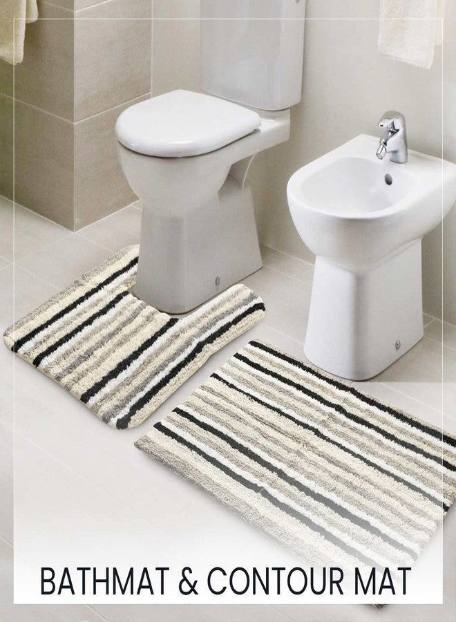 SASHAA WORLD Striped Anti-Skid Bathmat & Contour Set | Ultra Soft, Highly Absorbent, Ideal for Bathroom & Home Use, 2-Piece Set with Rectangle & Contour Mats | 50x80 cm, Black, White & Grey Pack of 2 - Image 2