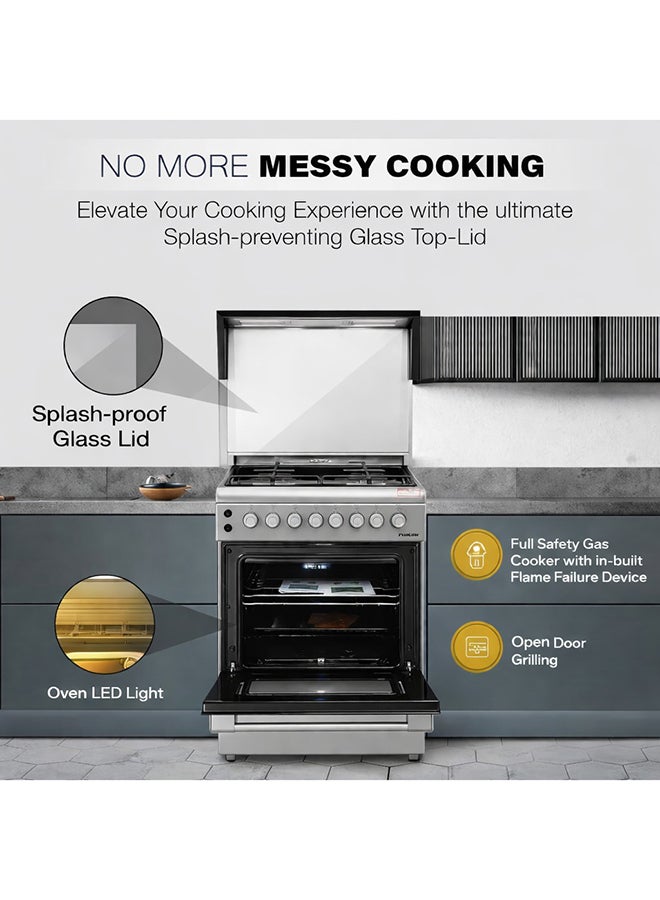 Nikai 60x60 CM Freestanding Gas Cooker with 4 Gas Burners | Heavy-Duty Cast-Iron Pan Support | Separate Knob for Oven Grill | Automatic Ignition& Safety, Best Cooking Range for Home & Kitchen U6064FS Silver/Black - Image 5