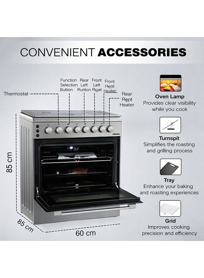 Nikai 60x60 CM Freestanding Gas Cooker with 4 Gas Burners | Heavy-Duty Cast-Iron Pan Support | Separate Knob for Oven Grill | Automatic Ignition& Safety, Best Cooking Range for Home & Kitchen U6064FS Silver/Black - Image 3
