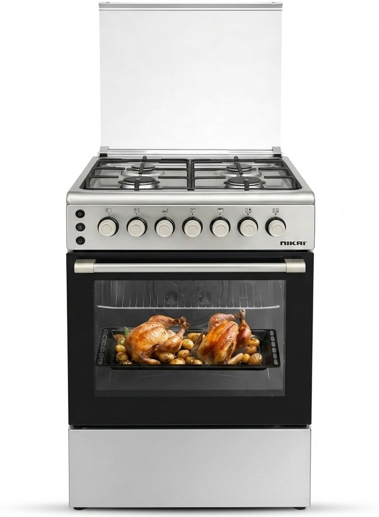 Nikai 60x60 CM Freestanding Gas Cooker with 4 Gas Burners | Heavy-Duty Cast-Iron Pan Support | Separate Knob for Oven Grill | Automatic Ignition& Safety, Best Cooking Range for Home & Kitchen U6064FS Silver/Black - Image 1