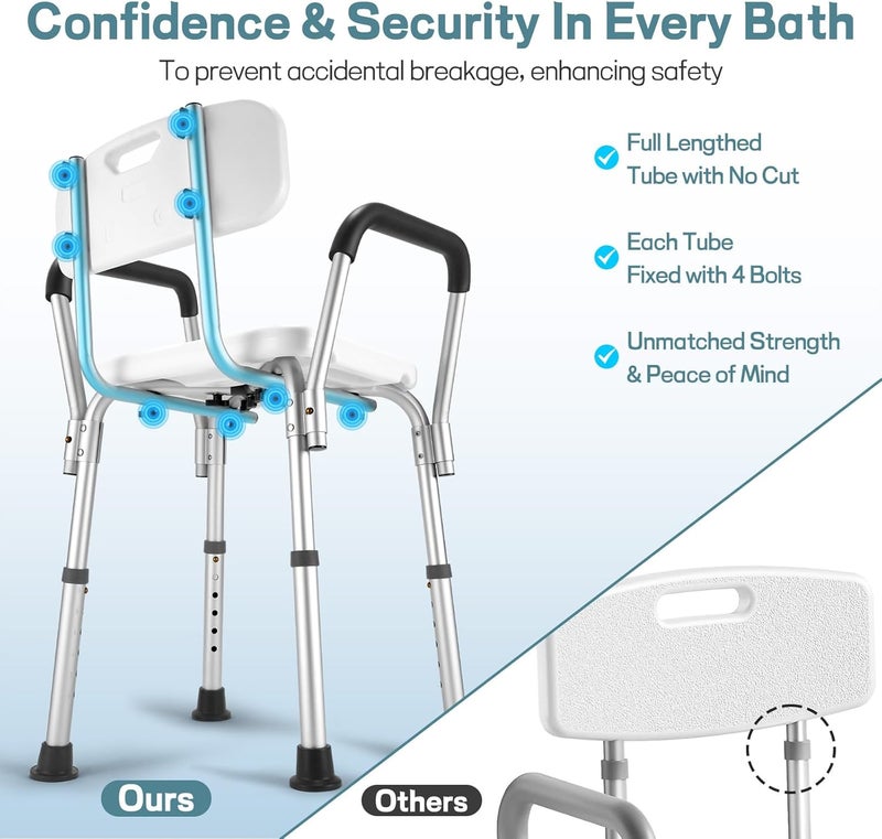 TABEKE Shower Chair for Inside Shower, Heavy Duty Shower Chair with Backrest & Padded Armrest, Height Adjustable Shower Bench, Shower Seat for Bathtub, Elderly and Disabled - Image 2