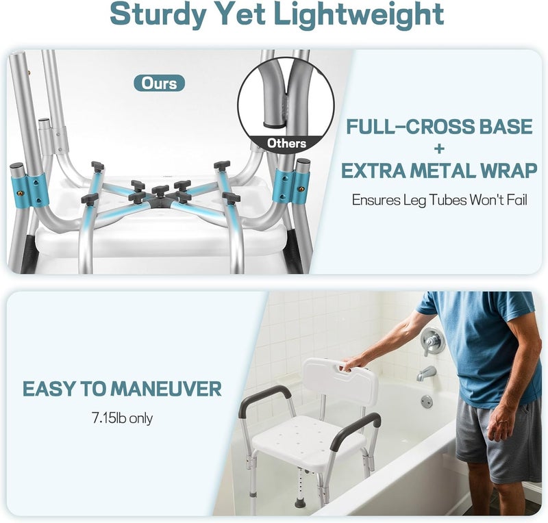TABEKE Shower Chair for Inside Shower, Heavy Duty Shower Chair with Backrest & Padded Armrest, Height Adjustable Shower Bench, Shower Seat for Bathtub, Elderly and Disabled - Image 3