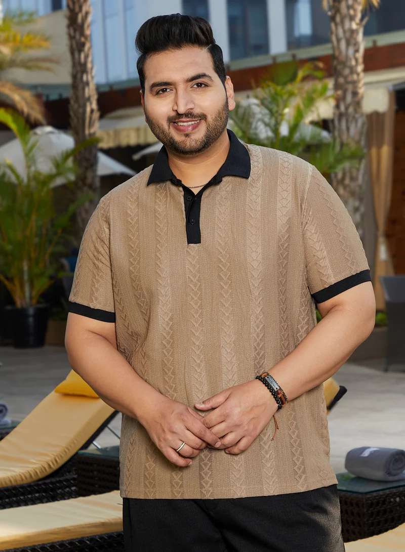 Instafab Plus Men's Camel Beige Arc-Tactile Polo T-Shirt For Casual Wear | Polo Neck | Short Cuffed Sleeves | Half-Button Closure | Plus Size T-Shirt Crafted With Comfort Fit For Everyday Wear