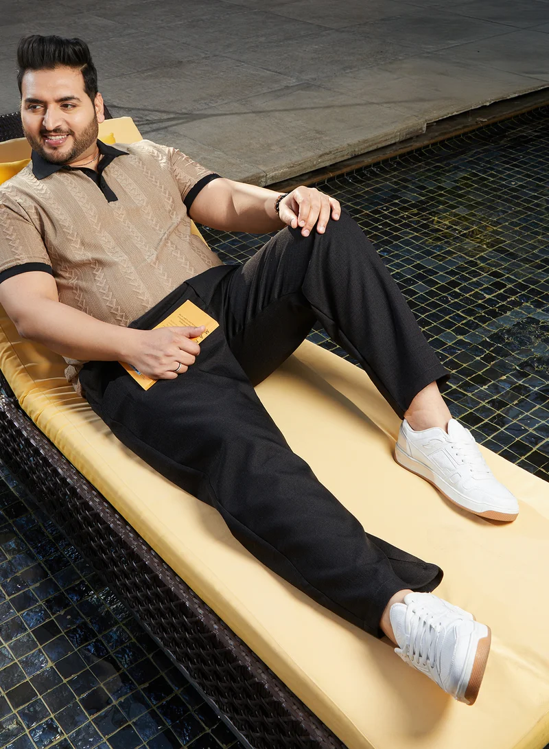 Instafab Plus Men's Camel Beige & Midnight Black Arc-Tactile Polo T-Shirt