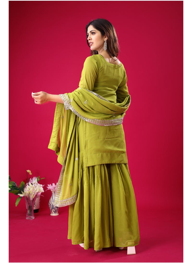 Super Asian Designer Heavy Georgette Embroidered Sharara Set with Dupatta – Ruffle Flair | Fully Stitched & Ready to Wear  - Image 1
