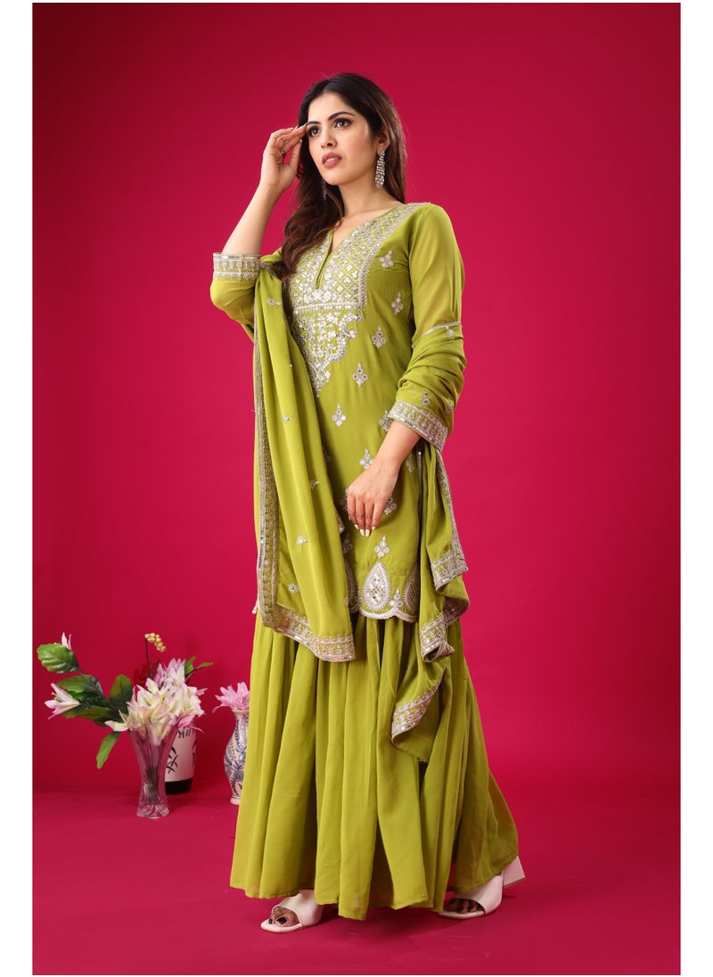 Super Asian Designer Heavy Georgette Embroidered Sharara Set with Dupatta – Ruffle Flair | Fully Stitched & Ready to Wear  - Image 4