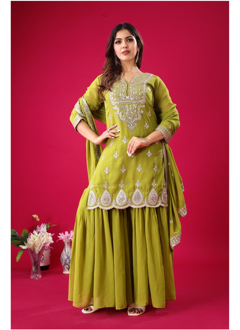 Super Asian Designer Heavy Georgette Embroidered Sharara Set with Dupatta – Ruffle Flair | Fully Stitched & Ready to Wear  - Image 2