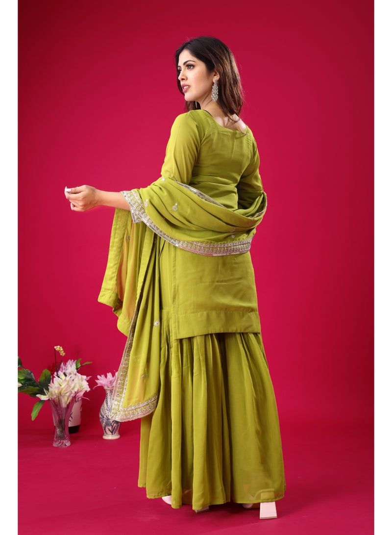 Super Asian Designer Heavy Georgette Embroidered Sharara Set with Dupatta – Ruffle Flair | Fully Stitched & Ready to Wear - Image 2