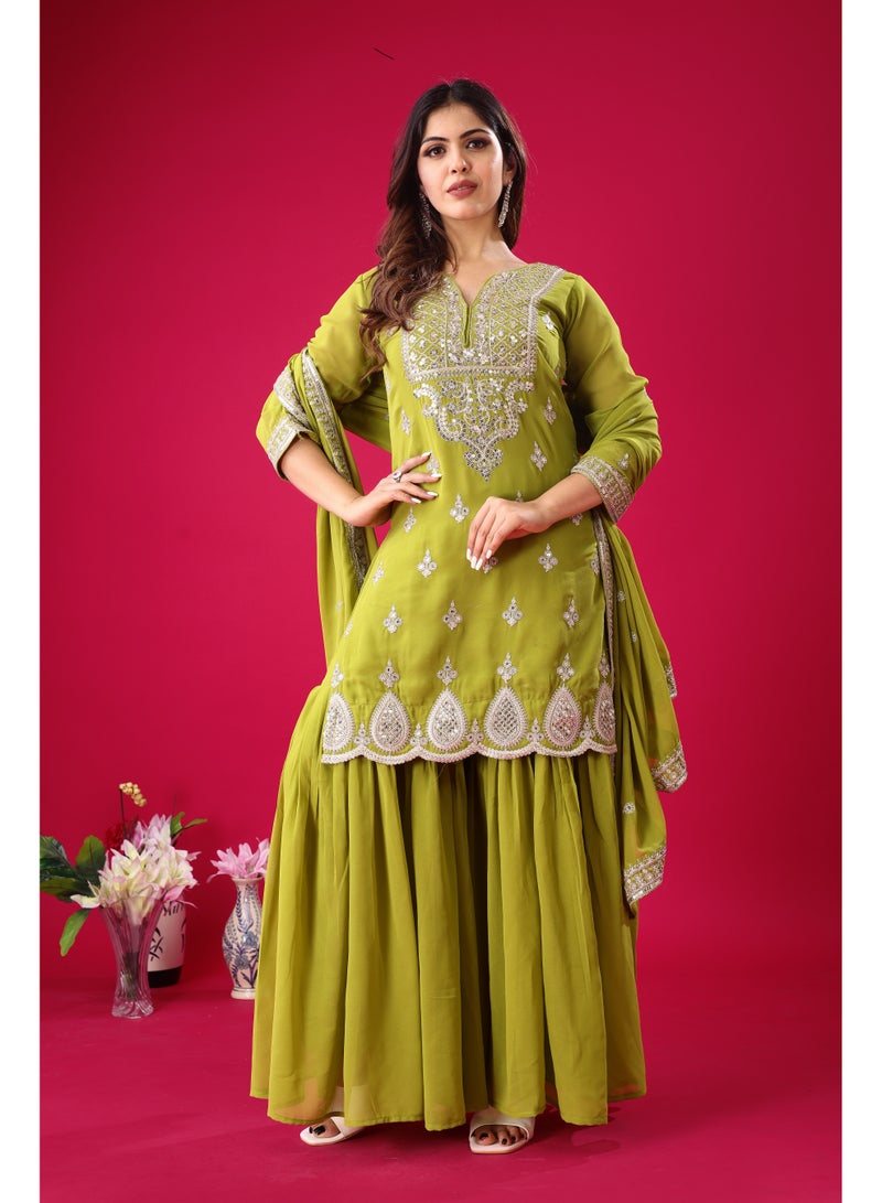Super Asian Designer Heavy Georgette Embroidered Sharara Set with Dupatta – Ruffle Flair | Fully Stitched & Ready to Wear - Image 1