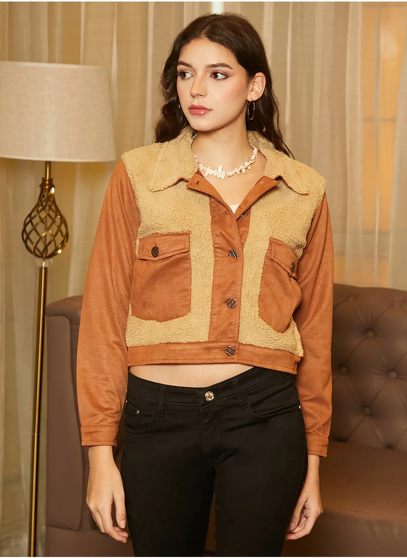 كامبوس سوترا Women's Sienna Brown Contrast Sherpa Jacket