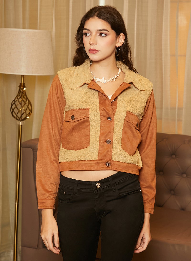 كامبوس سوترا Women's Sienna Brown Contrast Sherpa Jacket  - Image 2