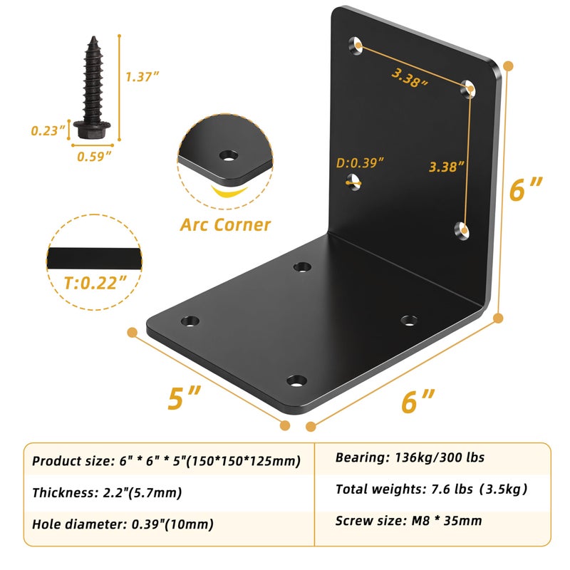 JAVOUKA 2-Pack L Right Angle Bracket 6"" X 6"" X 5"" Heavy Duty Steel Corner Bracket, Thickness 0.22""(5.73Mm), Corner Brace For Metal Joint Timber Connector Shelves Wood Furniture Support, Max Load 300Lbs - Image 2