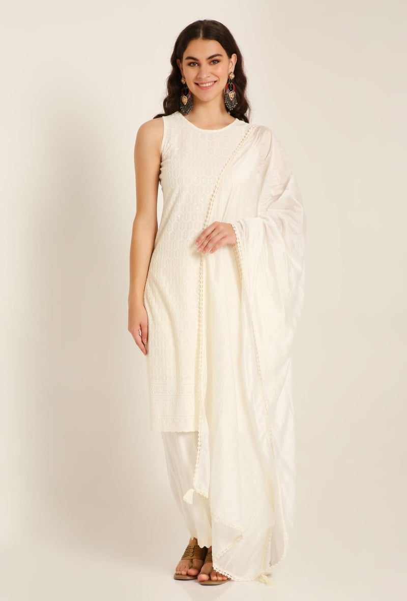 SHOPPING QUEEN Women's Rayon Chikankari Kurta Set with Dupatta (A520_Pearl Cream_2XL) - Image 2