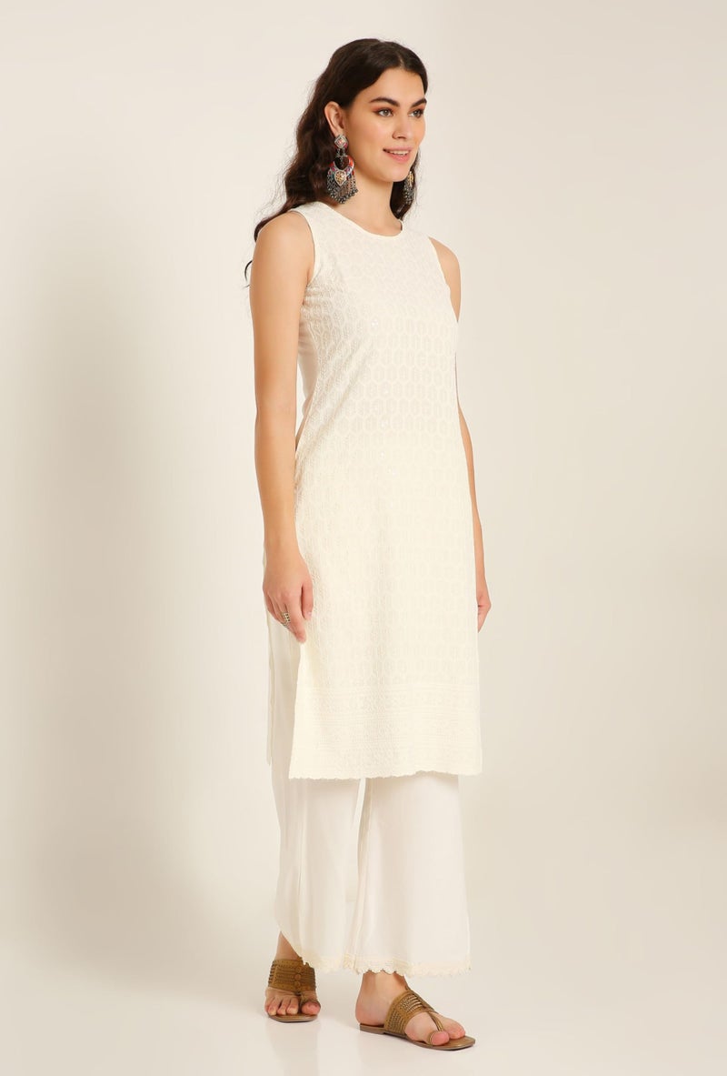 SHOPPING QUEEN Women's Rayon Chikankari Kurta Set with Dupatta (A520_Pearl Cream_2XL) - Image 4