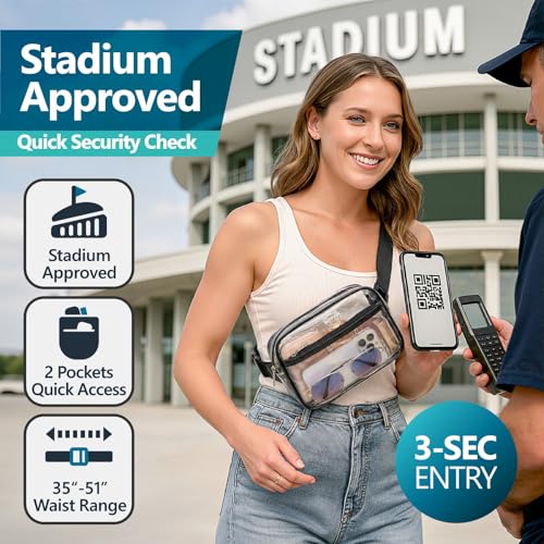 Veckle Clear Fanny Pack Stadium Approved - Plus Size 35-51 Inch Adjustable Strap Transparent Belt Bag for Women Men Fits 7.5" Smartphone, Crossbody Clear Bag for Stadium Events Sports Concerts, Black - Image 2
