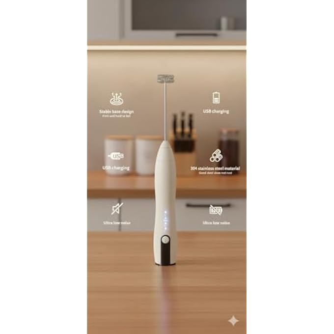 ريحني جهاز خفق الحليب القابل لإعادة الشحن وصانع الرغوة الكهربائي المحمول وخلاط القهوة المحمول القابل للفصل من الفولاذ المقاوم للصدأ بثلاث سرعات ورؤوس خفق مزدوجة ورأس خفاقة البيض بتصميم أنيق مع حامل باللون الأبيض - Image 4