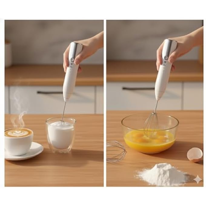 ريحني جهاز خفق الحليب القابل لإعادة الشحن وصانع الرغوة الكهربائي المحمول وخلاط القهوة المحمول القابل للفصل من الفولاذ المقاوم للصدأ بثلاث سرعات ورؤوس خفق مزدوجة ورأس خفاقة البيض بتصميم أنيق مع حامل باللون الأبيض - Image 5