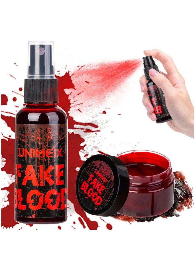 UNIMEIX 2 Oz Fake Blood Spray And 1 Oz Gel Fake Blood Makeup Kit Washable Sfx Makeup For Clothes Mouth Eyes，Stage Blood For Halloween Zombie Vampire Cosplay Party  - Image 1