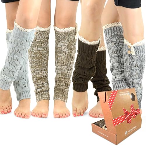 TeeHee Socks Fashion Cute Cable Knit Leg Warmers 4 pairs with Gift Box Lace on the Top for Girls (Lace with Button) - Image 1