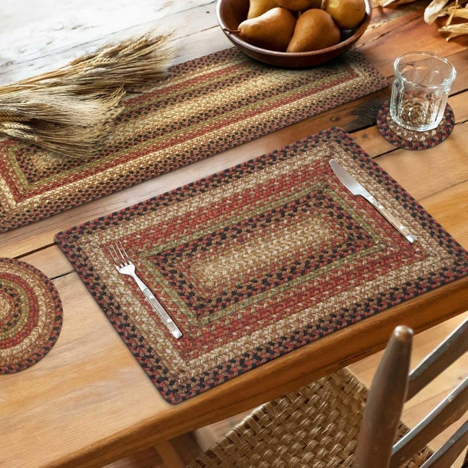 GINGERBREAD JUTE BRAIDED LONG TABLE RUNNER WARM COUNTRY DECOR BROWN RECTANGLE 11X36 RICH COLORS EASY TO CLEAN DURABLE AND PROTECTS FURNITURE