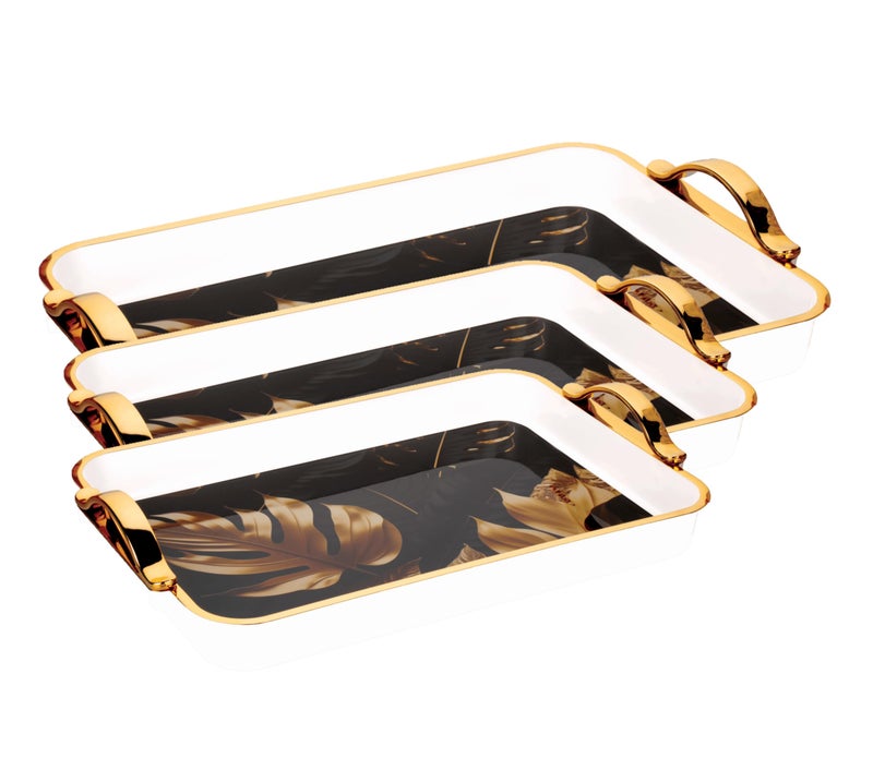 Nabhya Flower Printed Serving Tray Plastic Material BPA Free Tray with Handle for Tea,Coffee,Snack,Kitchen & Dining Table Home Décor (White & Gold, Small, Med & Big - Pack of 3) - Image 1