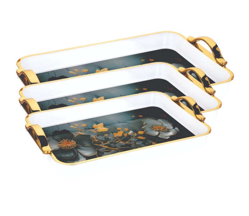 Nabhya Flower Printed Serving Tray Plastic Material BPA Free Tray with Handle for Tea,Coffee,Snack,Kitchen & Dining Table Home Décor (White & Gold, Small, Med & Big - Pack of 3) - Image 2