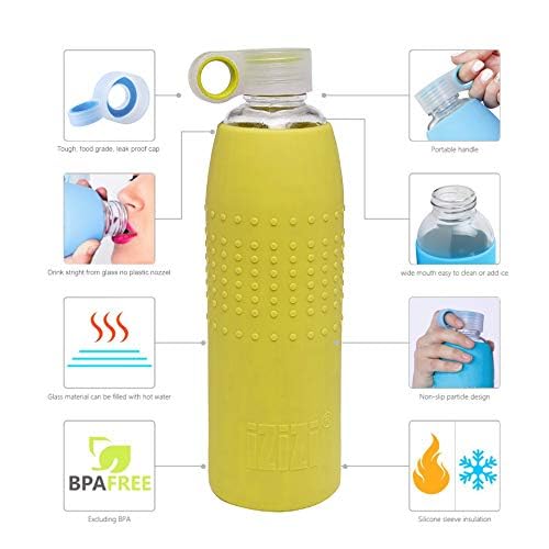 IZIZI 1 Liter Glass Bottle for Water with Protective Silicone Sleeve : Yellow. Glass Water Bottle 1000ml, Water Bottle for Office - Image 4