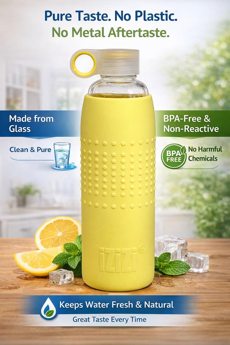 IZIZI 1 Liter Glass Bottle for Water with Protective Silicone Sleeve : Yellow. Glass Water Bottle 1000ml, Water Bottle for Office - Image 2
