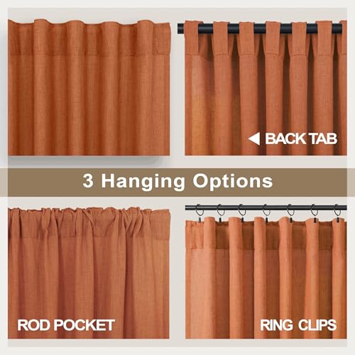 Pitalk Burnt Orange Curtains 84 Inch Length for Living Room 2 Panels Back Tab Pocket Flax Linen Drapes Light Filtering Semi Sheer Boho Curtain for Bedroom Bohemian Farmhouse Decor Rust Copper Brown - Image 4