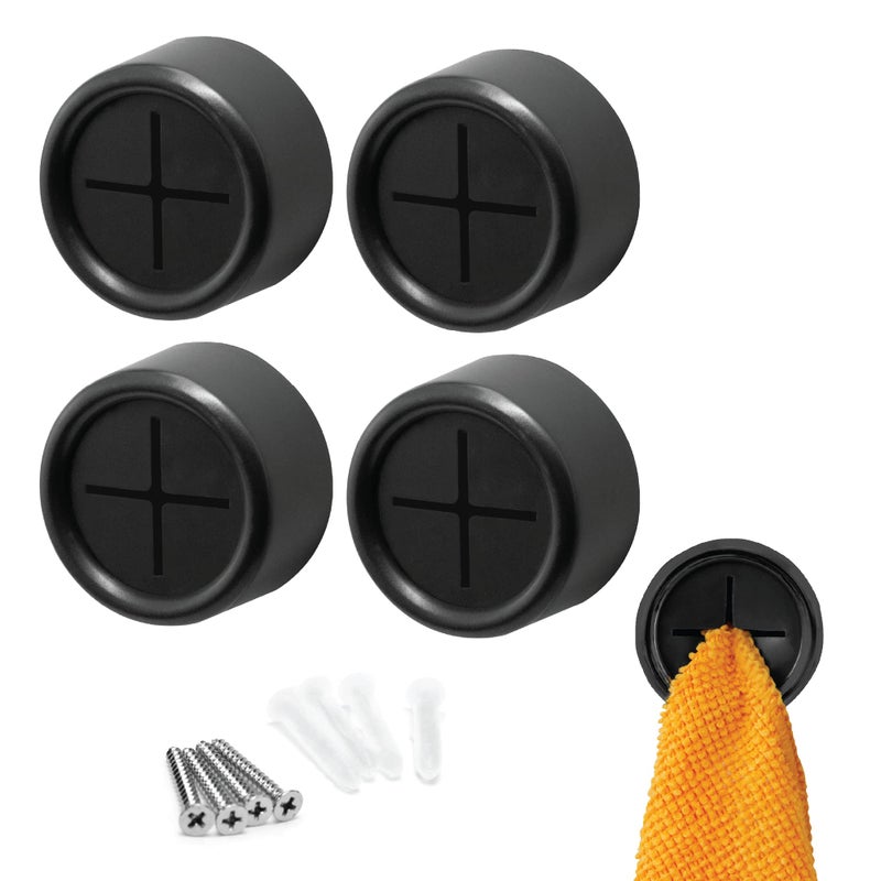 S&T INC. Round Adhesive Push Towel Hooks for Kitchen, Hand and Dish Towels, Matte Black, 4 Pack - Image 1