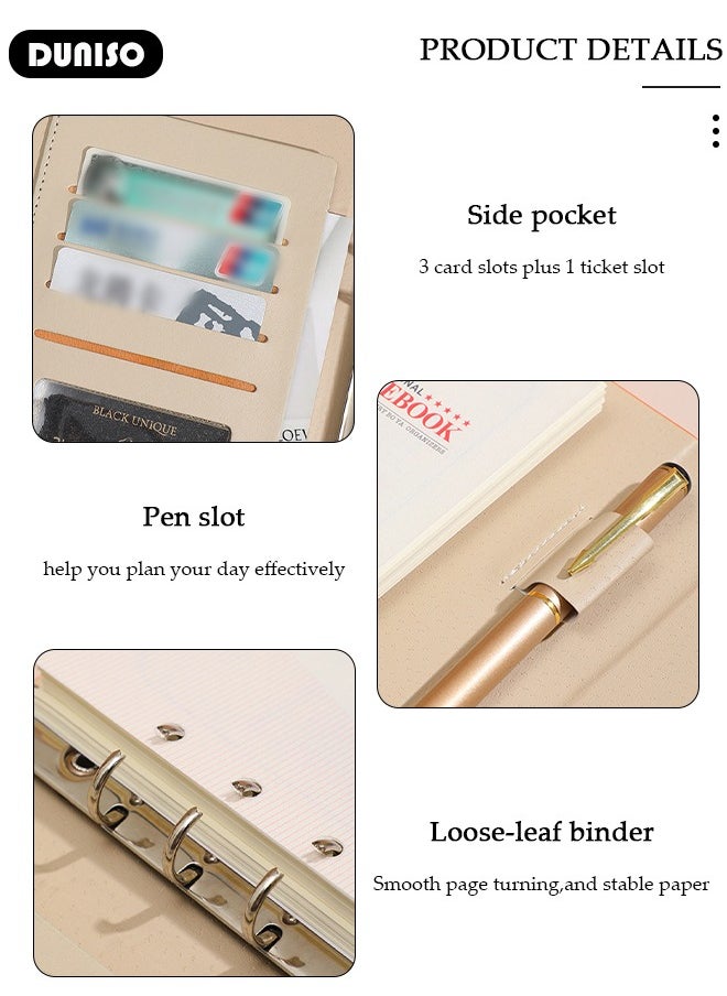 DUNISO - A5 Notebook, Portable Foldable Notepad, Transverse Line Diary Notebook for Women Men, PU Cover Design College Specific Notebook with Pen Slot Card Slot Side Pocket, Hardcover Business Notebook with Binder for Writing,Travel,Work & School - Image 1