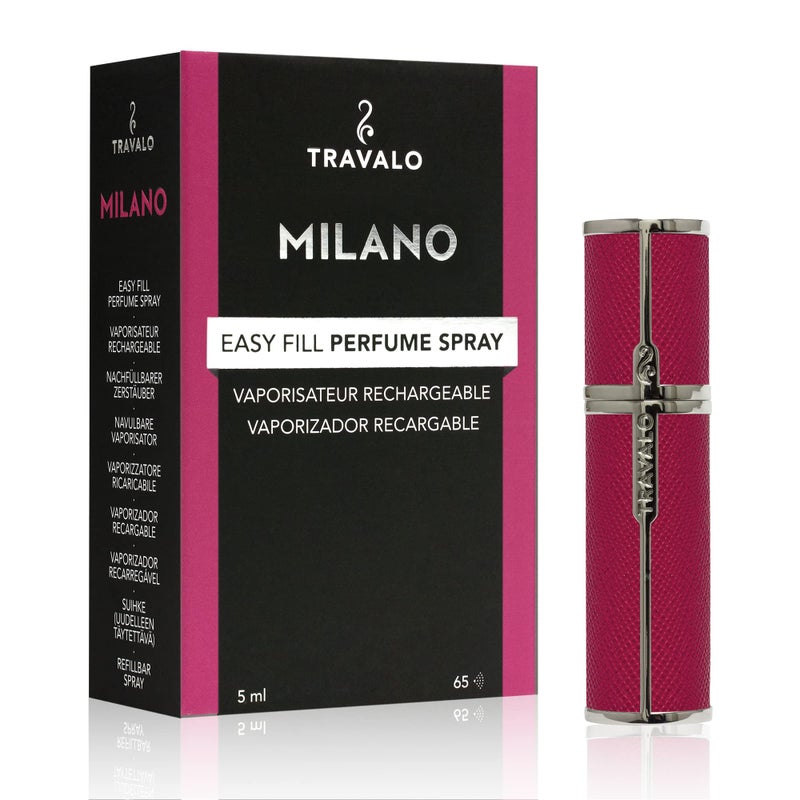 Travalo Milano Perfume Atomizer LeakProof and TSA Approved for Air Travel Reusable Airtight Easy Fill Mini Pump Sprayer Lightweight Vegan Leather with Polished Metal Outer Shell Hot Pink - Image 1