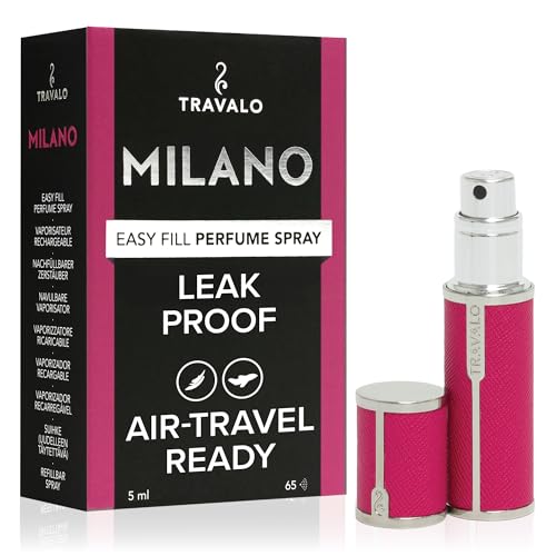 Travalo Milano Perfume Atomizer  LeakProof and TSA Approved for Air Travel  Reusable Airtight Easy Fill Mini Pump Sprayer  Lightweight Vegan Leather with Polished Metal Outer Shell  Hot Pink - Image 1