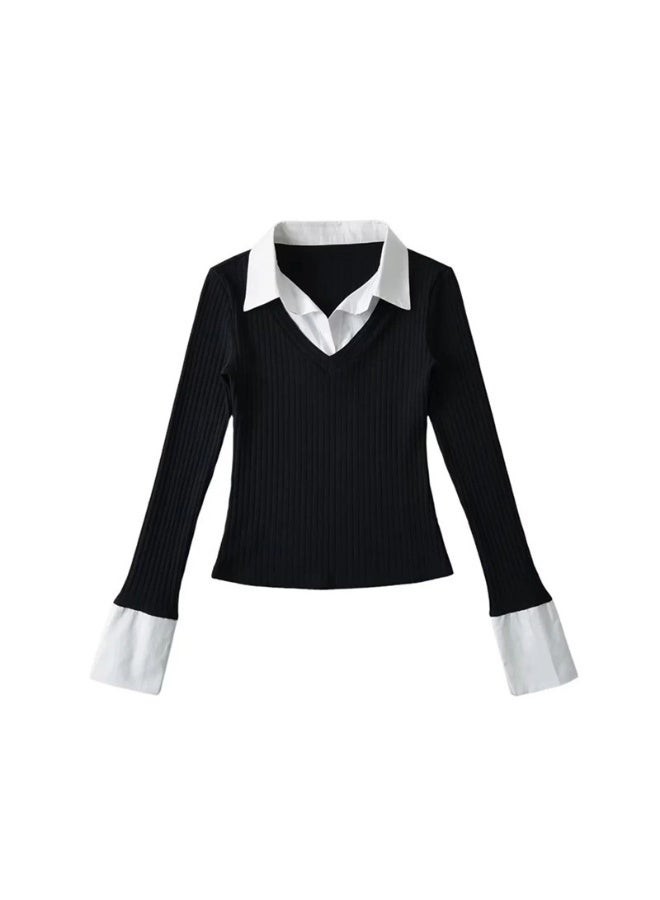 general Style Spice Girl Stitching Long-Sleeved T-Shirt Women'S Design Sense Slim-Fit All-Match Base Shirt Fake Two-Piece Top - Image 1