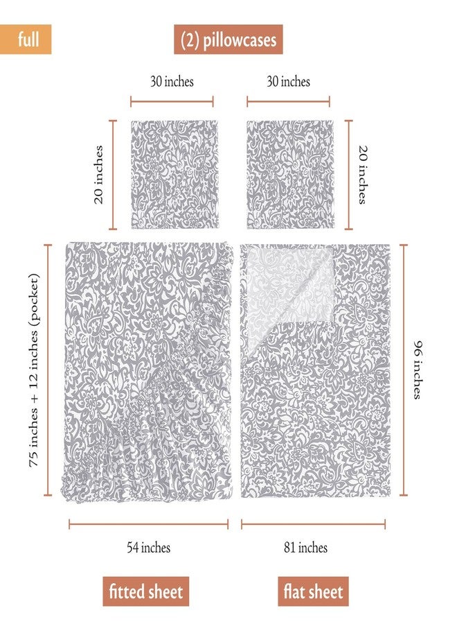 Indigo Ink طقم ملاءات إنديجو إنك - مقاس كامل، ناعم ومقاوم للتجاعيد، 4 قطع، ديكور منزلي بنقشة زهور دمشقية (مجموعة ميدالية معقودة، مقاس كامل)، رمادي - Image 4