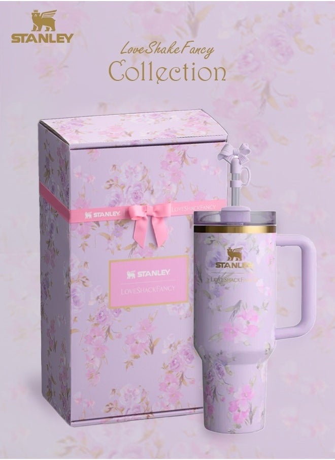 Stanley Love Shack Fancy H2.0 Flow State 40oz Purple Rose Tumbler, Stainless Steel Vacuum Insulated Quencher with Lid, Straw, and Stopper, Ideal for Water and Iced Tea, Keeps Drinks Cold, Presented in Elegant Gift-Ready Packaging  - Image 1