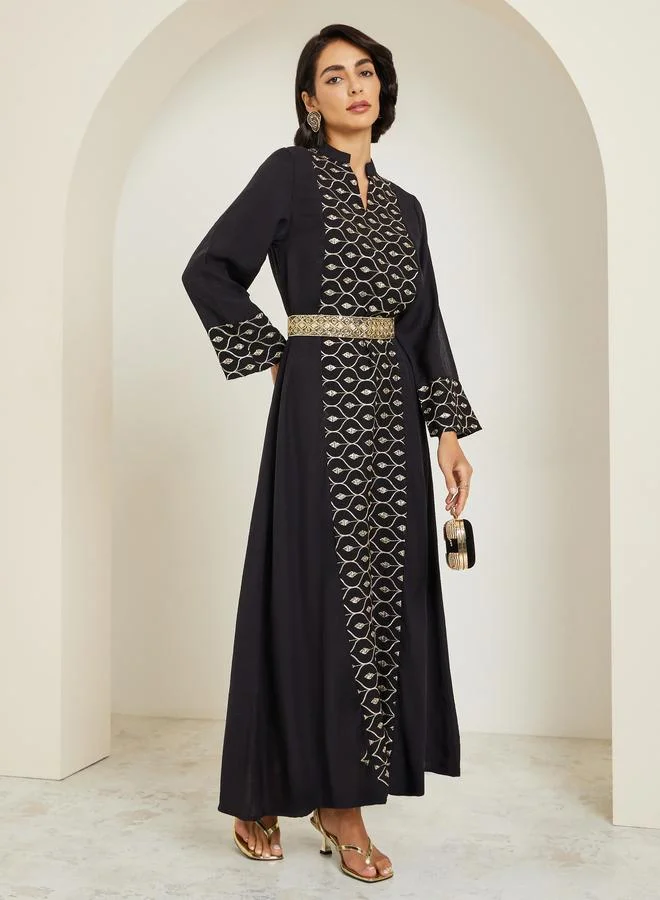 Amirah Women Black Embroidered Front Panel Belted Jalabiya