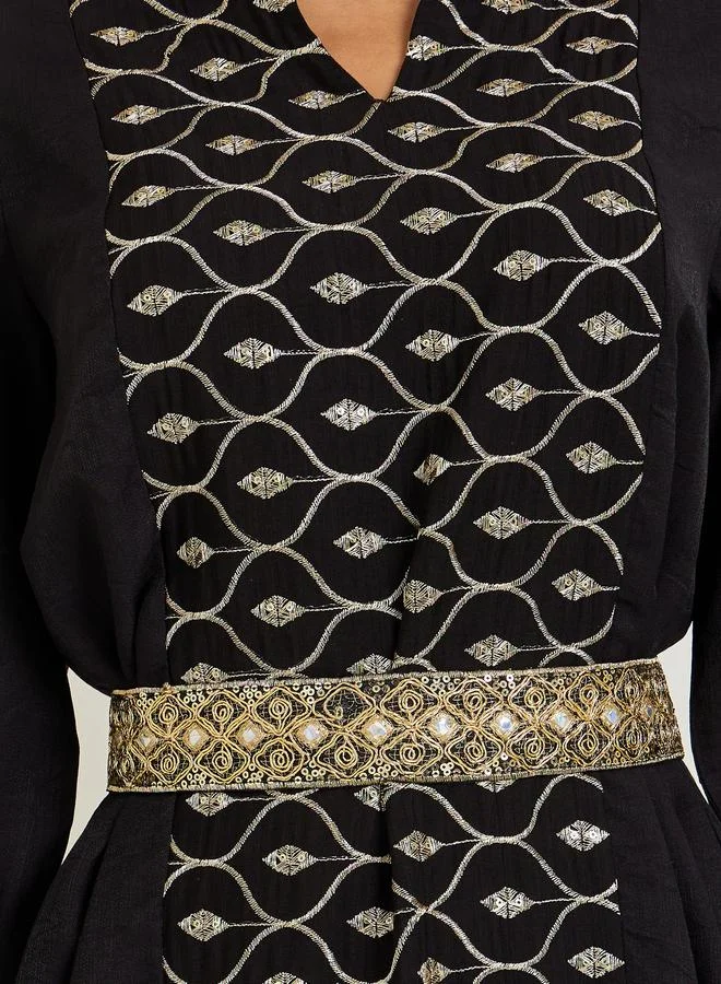 Amirah  Women Black Embroidered Front Panel Belted Jalabiya for Women | Best Price UAE